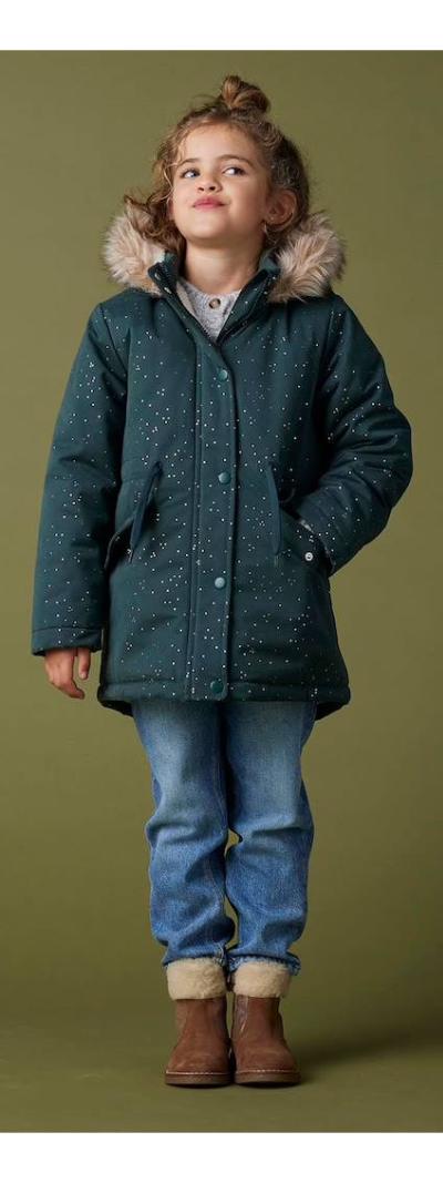 Warme Mädchen Winterjacke mit Glitzer und Webpelz, Recycling-Wattierung - smaragdgrün